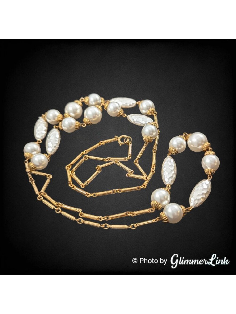 Vintage Gold Tone Long Station Necklace 44" Faux Pearls Faceted Oval Beads